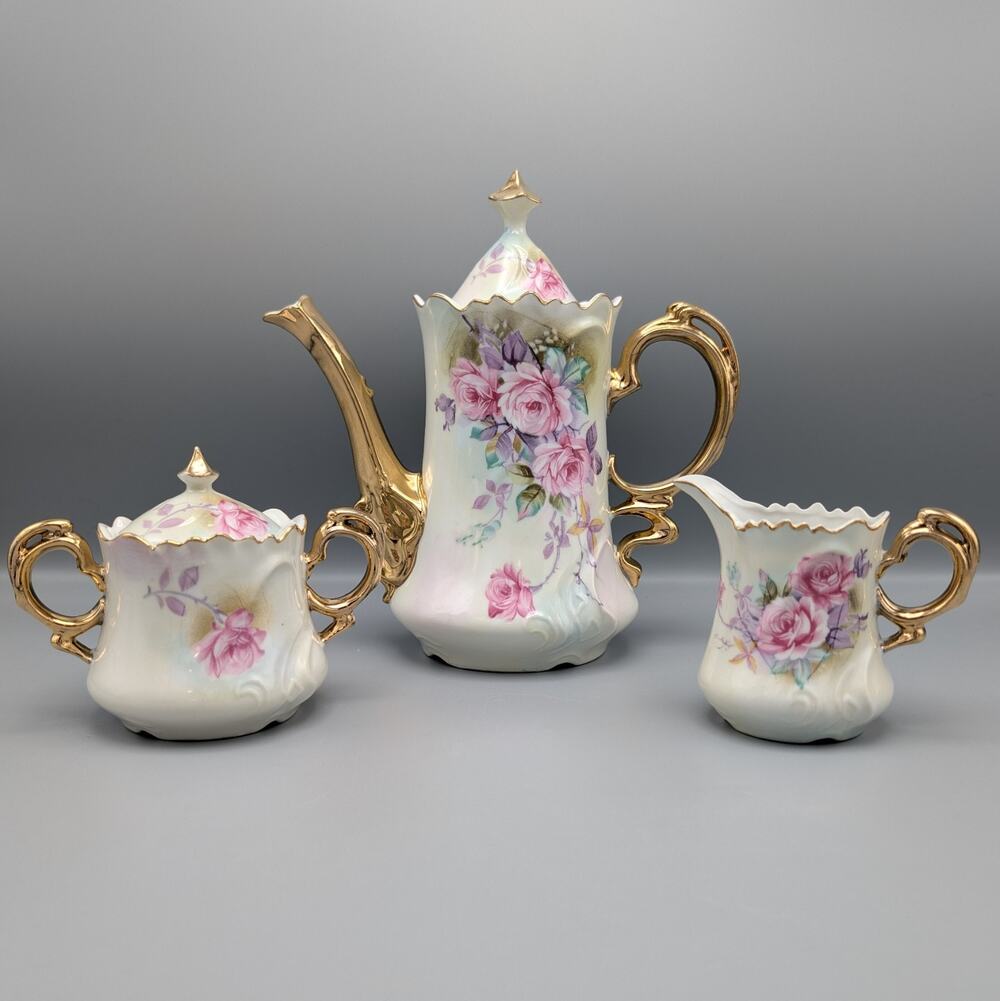 Vintage Lefton China Pink Rose Tea Set Teapot 6570 Sugar Creamer 6571 Gold Gilt